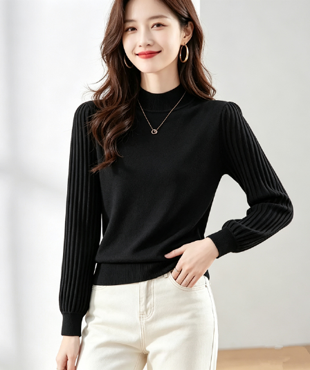반하이넥 벌룬 소매 단색 기본 셔츠 빛 럭셔리 외국 가스 가을 겨울 슬림해 보이는 다용도 캐주얼 구덩이 기사 긴팔 풀오버