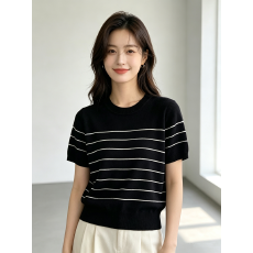 批发夏季经典莱赛尔天丝时尚减龄洋气显瘦百搭<b class='q'>圆领</b>条纹<b class='q'>针织</b>短袖上衣