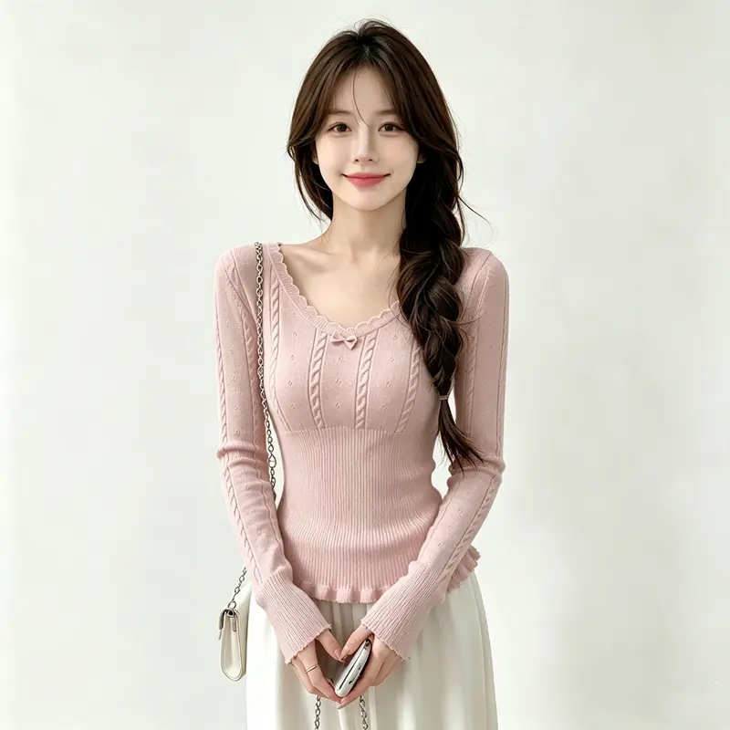 프릴 V넥 허리라인 니트