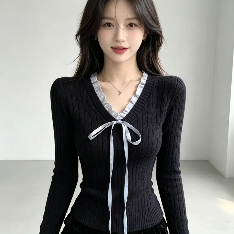 한국인기 꽈배기 V넥 프릴 니트 상세 이미지 1