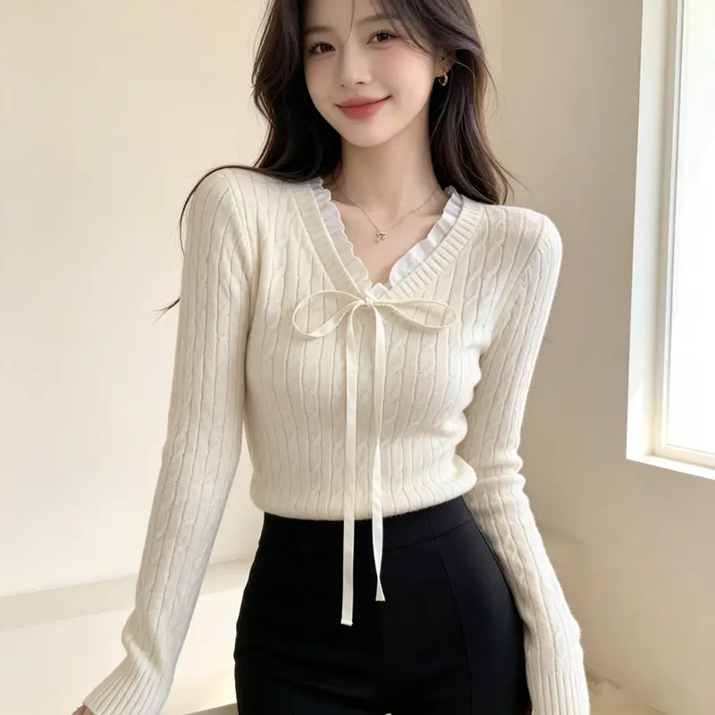 한국인기 꽈배기 V넥 프릴 니트 상세 이미지 2