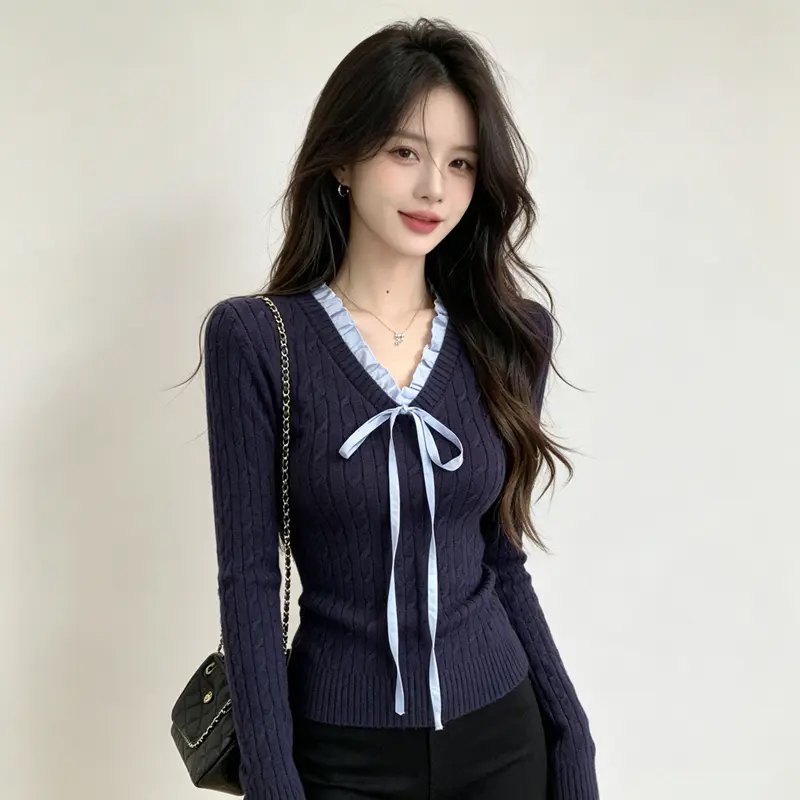 한국인기 꽈배기 V넥 프릴 니트