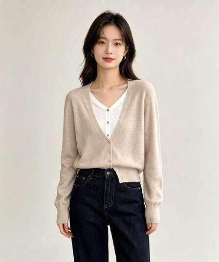 V넥 배색 페이크 레이어드 니트 오픈 가디건 여성 가을 겨울 긴팔 디자인 센스 양모 스택 착용 스웨터 코트 블랙
