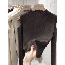 批发半高领打底衫女春秋设计感小众洋气内搭毛衣修身显瘦露肩针织上衣