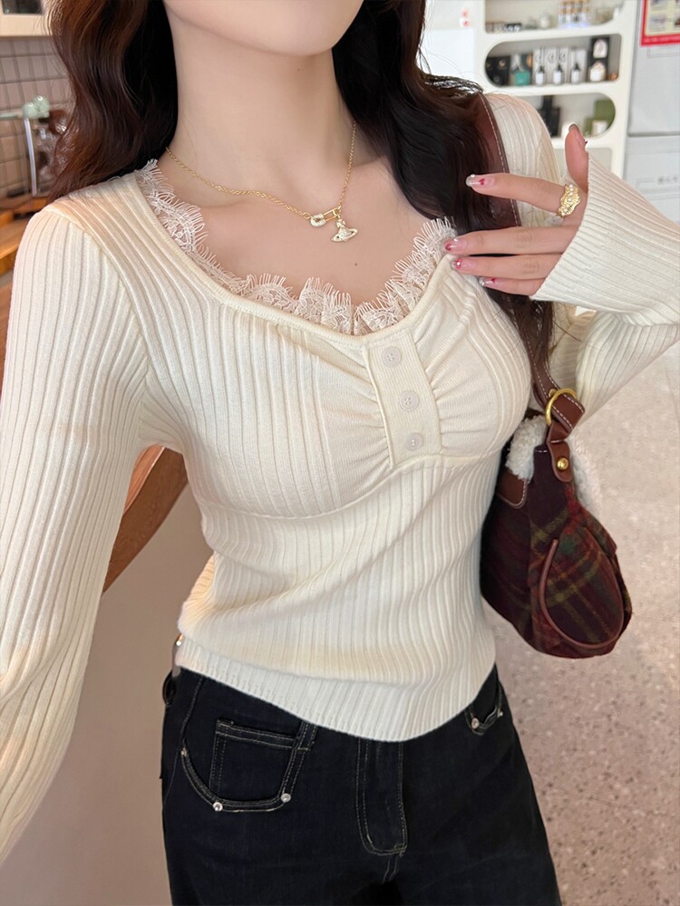 BY32020# 初秋新款通勤风V领蕾丝针织打底衫女内搭修身高级感减龄上衣 服裝批發女裝批發服飾貨源