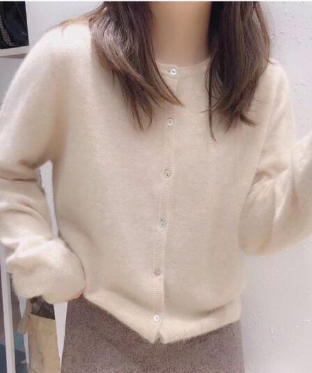대 핏 스타일 가을 새로운 라운드 넥 보라색 쇼트 스타일 니트 작은 섹션 오픈 가디건 루즈핏 외출용 스웨터 여성 코트