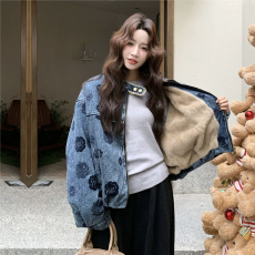 批发设计感蓝色印花加绒加厚牛仔派克服女冬新款小个子显瘦美式短外套