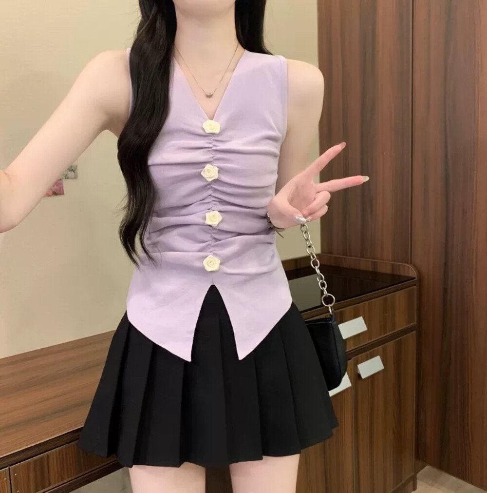 FA35731# 纯欲风拉满YANGBABY绝美一排定制花朵扣百搭上衣背心 服裝批發女裝批發服飾貨源