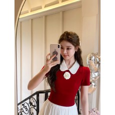 批发唐千禧miu系少女感娃娃领气质显白显瘦短袖正肩<b class='q'>T</b><b class='q'>恤</b>撞色<b class='q'>山茶花</b>上衣