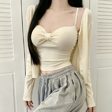 批发奶油色两件套纯欲风蝴蝶结吊带针织开衫温柔<b class='q'>短款</b>上衣套装甜妹穿搭