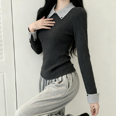 拼色修身POLO上衣假两件针织衫翻领T恤撞色秋季新款内搭外穿上衣