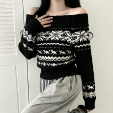 批发25秋冬 韩国INS复古提花<b class='q'>一字领</b>露肩针织衫加厚套头打底毛衣