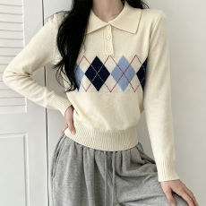 批发2025秋冬新款女装休闲学院风菱格纹<b class='q'>短</b>款针织衫韩国东大门上衣女装