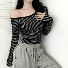 批发条纹斜肩长袖T恤女秋纯欲风收腰修身紧身短款小个子<b class='q'>上衣</b>2025秋冬