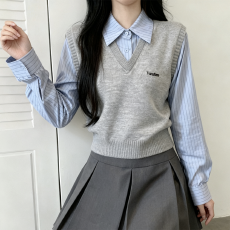 批发韩系学院风灰色毛衣减龄假两件拼接衬衫袖针织衫短款衬衫领<b class='q'>上衣</b>潮