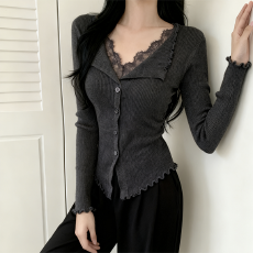 批发秋冬韩版甜美温柔V领蕾丝木耳边安迪绒针织开衫毛衣外套