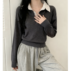 柏林街头~通勤休闲拼接条纹衬衫领2025秋冬新款长袖针织衫上衣