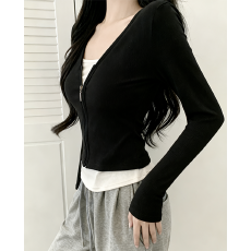 批发假两件韩系黑色撞色长袖T恤女秋冬春2025拉链款修身百搭打底上衣