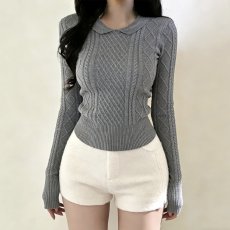 Wuuus小乖乖彼得潘领长袖毛衣女2025新款翻领麻花针织衫上衣