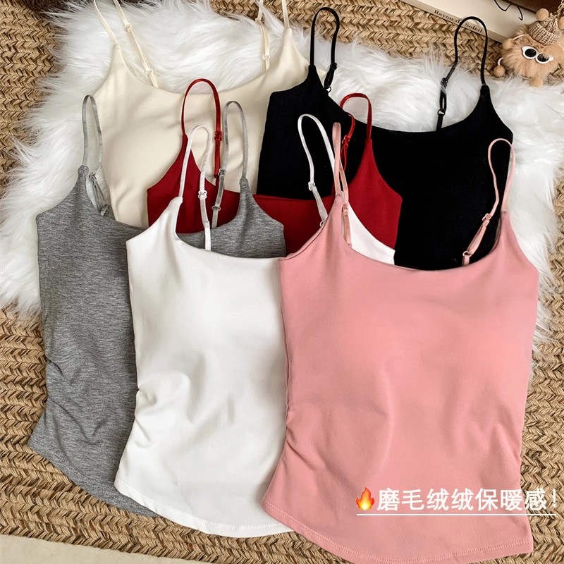 MY13784# 女裝貨源磨毛保暖吊带背心女带胸垫内搭秋冬无袖打底美背上衣...