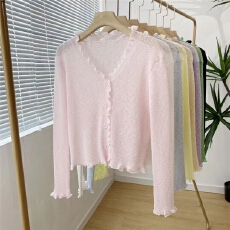 批发木耳边甜美紫色冰丝开衫针织<b class='q'>外套女</b>夏季薄款防晒开衫纯欲长款上衣