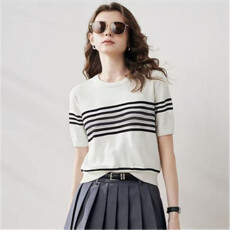 批发韩系时尚潮流简约<b class='q'>圆领</b>条纹针织衫女士春季显瘦休闲百搭短袖<b class='q'>T</b><b class='q'>恤</b>