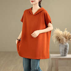 批发2026大码中长款短袖T恤遮屁股夏季连帽洋气<b class='q'>加肥</b>宽松遮肚上衣