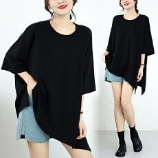 批发侧开叉<b class='q'>不规则</b>短袖T恤女2026夏季新款大码胖mm设计感纯色显瘦上衣