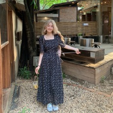 批发大码加长法式气质显瘦方领短袖印花<b class='q'>连衣裙</b>夏高个子熟女脚踝长裙子