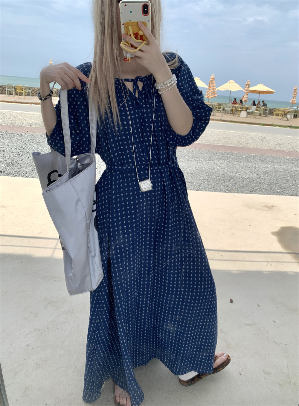 빅 사이즈 품격 레트로 루즈핏 표지 고기 슬림해 보이는 블루 프린트 드레스 여행 휴가 바람 고급 센스 발목 롱 스커트