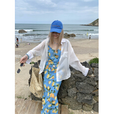 批发大码气质海边度假旅游法式性感柠檬沙滩连衣裙蓝色印花吊带a字裙