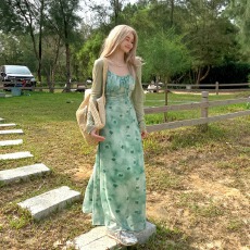 批发大码法式绿色渲染海边旅游度假风碎花吊带裙<b class='q'>夏</b>高级感温柔脚踝长裙