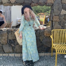 批发大码法式优雅气质旅游度假风绿色v领长袖上衣松紧腰半身长裙套装