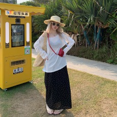 批发大码气质韩版简约通勤百搭显瘦黑色波点半身裙慵懒休闲中长a字裙