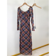 批发大码复古格子网纱长袖咖色格纹连衣裙弹力纯欲风气质修身a字长裙