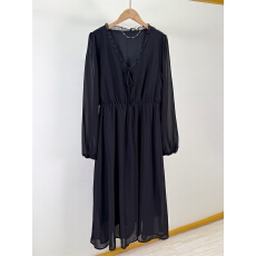 批发大码木耳边V领黑色长袖连衣裙2025法式V领高级感气质收腰显瘦长裙