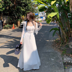 批发大码加长白色吊带<b class='q'>连衣裙</b>夏初恋小白裙高级感收腰显瘦纯欲减龄长裙