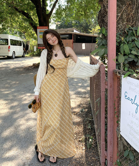 빅 사이즈 고급 디스플레이 화이트 황색 스트라이프 슬립 드레스 여름 해변가 여행 휴가 바람 허리 수축 슬림해 보이는 해변 롱 스커트