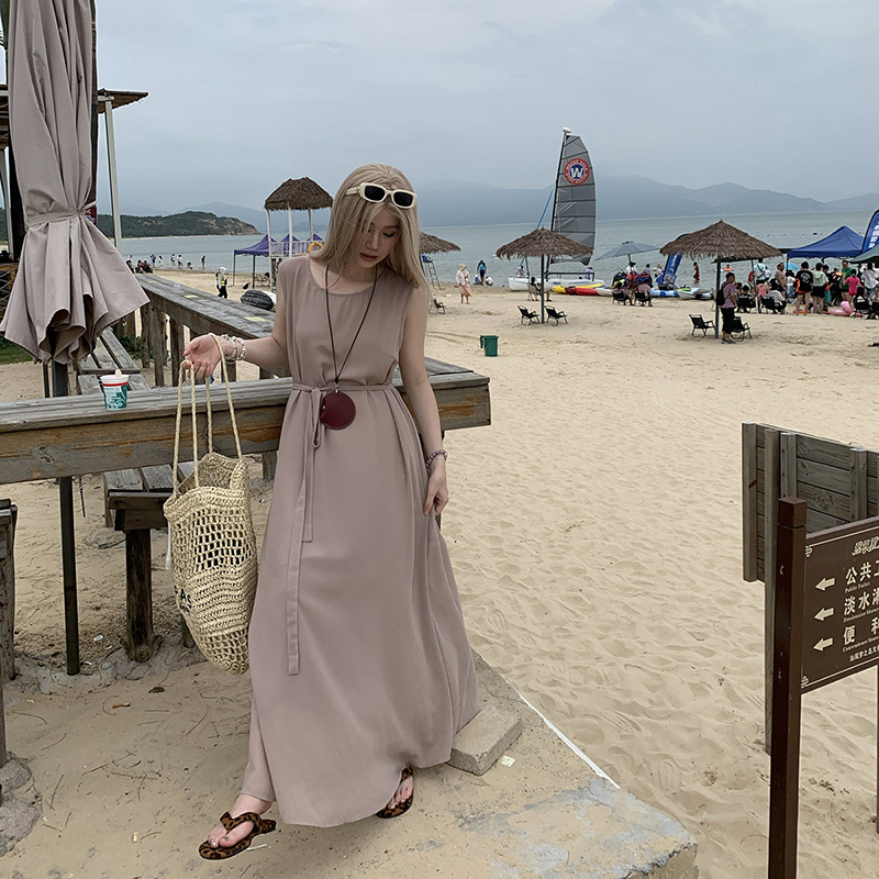 빅 사이즈 고급 빛 럭셔리 민소매 조끼 원피스 여름 루즈핏 표지 고기 슬림해 보이는 롱 스커트 미니멀리즘 긴팔 시스루 화이트 t