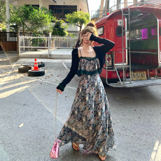 批发大码加长气质高级蕾丝拼接吊带连衣裙高个子法式复古浪漫雪纺长裙