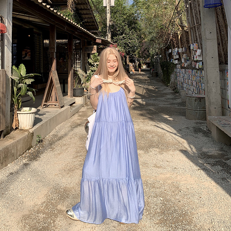 빅 사이즈 한 부서 작은 청신 파란색 민소매 슬립 드레스 여름 루즈핏 느긋한 바람 패치워크 해변가 휴가 롱 스커트