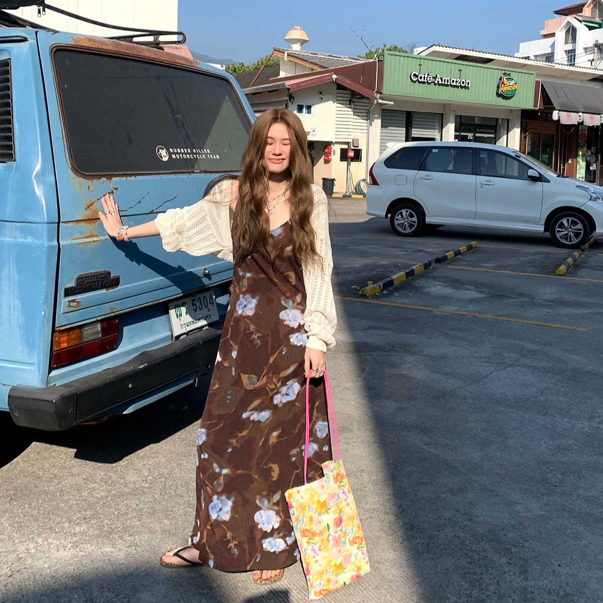 빅 사이즈 길이 연장 품격 V넥 슬림해 보이는 프린트 슬립 드레스 키 큰 남자 여행 휴가 디스플레이 화이트 고급 발목 롱 스커트