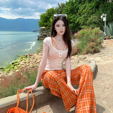 批发实拍千禧辣妹风甜辣风<b class='q'>罩衫</b>格纹内搭套装格子阔腿长裤三件套