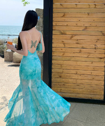 재고 상품 실사 밝은 녹색 망사 슬립 타이트 드레스 뒤로 나비 섹시함 인어 꼬리 타이트 스커트 롱 스커트