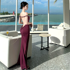 批发紫色性感大<b class='q'>露背</b><b class='q'>连衣裙</b>海边度假沙滩裙年会裙显瘦包臀裙挂脖长裙子