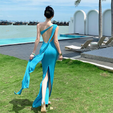 批发海边度假性感露背连衣裙蓝色显白飘带长裙年会礼服裙生日裙及踝