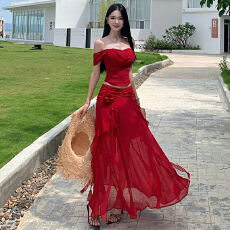 批发红色显白裙子海边度假长裙法式荷叶边不规则<b class='q'>半身裙</b>搭配一字领上衣