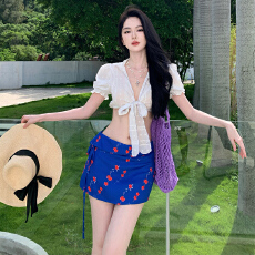 批发法式镂空提花白色衬衫短袖上衣蓝色碎花半身裙小个子a字裙短裙