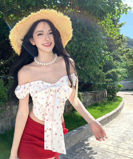 휴가 빨간색 치마 열파 네온 나비 매듭 작은 꽃무늬 연령 감소 세트 오프숄더 여성 여름 미니 스커트 투피스 세트