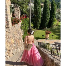 批发海边度假性感大露背显白粉色<b class='q'>连衣裙</b>大摆裙露仙女背系带<b class='q'>连衣裙</b>长裙